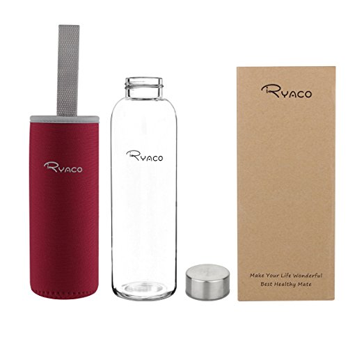 Ryaco Botella de Agua Cristal 550ml, Botella de Agua Reutilizable 18 oz, Sin BPA Antideslizante Protección Neopreno Llevar Manga y Cepillo de Esponja