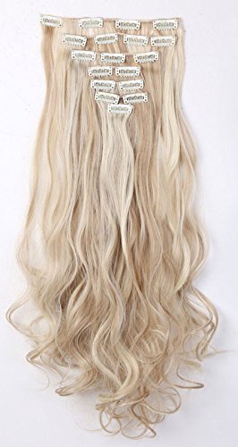 S-noilite - Extensiones para cabello ondulado con sujeción de clip para toda la cabeza. Pack de 8 unidades con 18 clips de 60 cm color rubio arena y rubio blanquecino