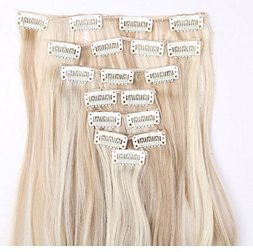 S-noilite - Extensiones para cabello ondulado con sujeción de clip para toda la cabeza. Pack de 8 unidades con 18 clips de 60 cm color rubio arena y rubio blanquecino