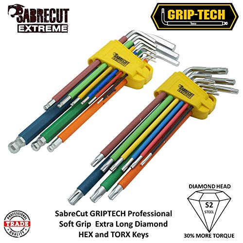 SabreCut SCTGK1 - Juego de llaves hexagonales (18 piezas, mango suave, hexagonal, diamante hexagonal (Hex Plus) y Torx con codificación de color, tamaños 1,5 mm a 10 mm, T10-T50