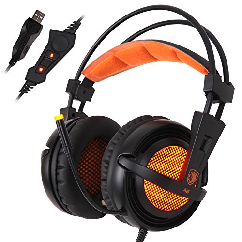 SADES A6 7.1 de sonido envolvente estéreo Pro PC Gaming Headset la venda de los auriculares con micrófono de alta sensibilidad del enchufe USB Over-the-Ear luces LED respiración Control de volumen (Negro)