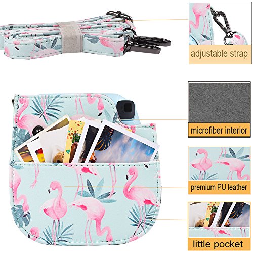 SAIKA Cámara Funda Compatible Fujifilm Instax Mini 9 / Mini 8+ / Mini 8 - Bolsa Protectora para Cámara Instantánea Cuero PU de Primera Calidad con Correa Desmontable, Flamencos
