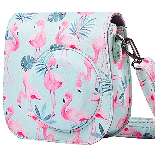 SAIKA Cámara Funda Compatible Fujifilm Instax Mini 9 / Mini 8+ / Mini 8 - Bolsa Protectora para Cámara Instantánea Cuero PU de Primera Calidad con Correa Desmontable, Flamencos