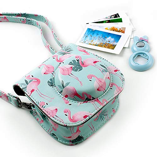 SAIKA Cámara Funda Compatible Fujifilm Instax Mini 9 / Mini 8+ / Mini 8 - Bolsa Protectora para Cámara Instantánea Cuero PU de Primera Calidad con Correa Desmontable, Flamencos