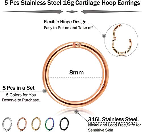 sailimue Joyería en 316L Acero Inoxidable 5 Piezas 16G Helix Piercing Nariz Oreja de Aros de Hombres Mujeres,Tabique Nariz Aro Piercing Anillo