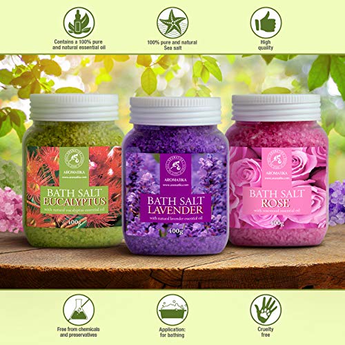 Sales de Baño Set 3x400g con Aceite 100% Natural Lavender - Rosas - Eucalipto - Mejor para Buen Sueño - Alivio del Estrés - Baño - Cuidado Corporal - Bienestar - Belleza - Relajación - Spa