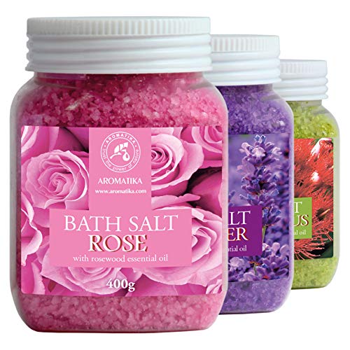 Sales de Baño Set 3x400g con Aceite 100% Natural Lavender - Rosas - Eucalipto - Mejor para Buen Sueño - Alivio del Estrés - Baño - Cuidado Corporal - Bienestar - Belleza - Relajación - Spa