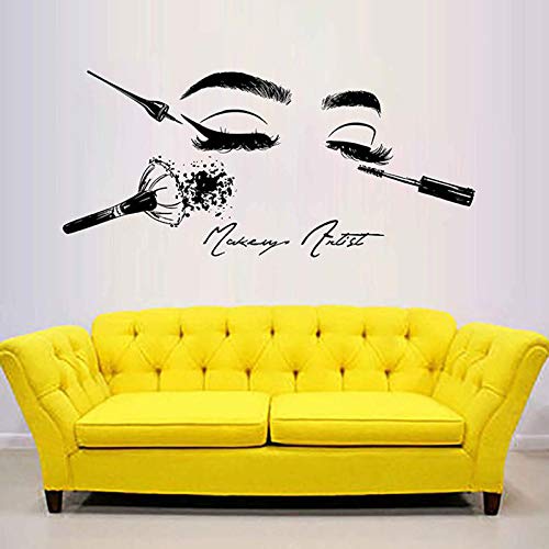 Salón de belleza cosméticos Herramientas Maquillaje Pegatinas de pared para pared Chica Cara Tatuajes de pared Modelo Chica Ojos labios Decoración de pared Salón de belleza 124x57cm