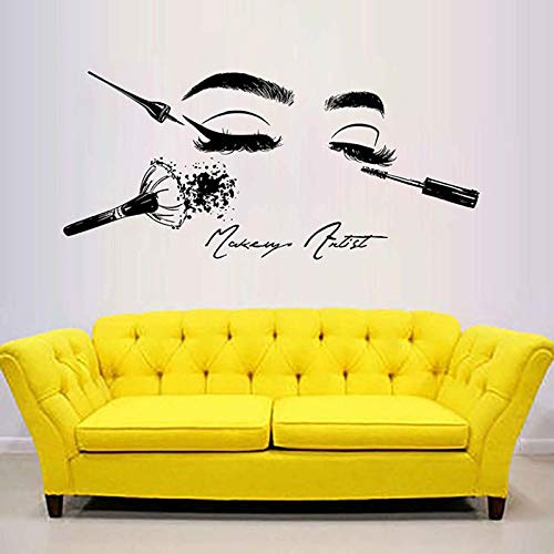Salón de belleza cosméticos Herramientas Maquillaje Pegatinas de pared para pared Chica Cara Tatuajes de pared Modelo Chica Ojos labios Decoración de pared Salón de belleza 124x57cm