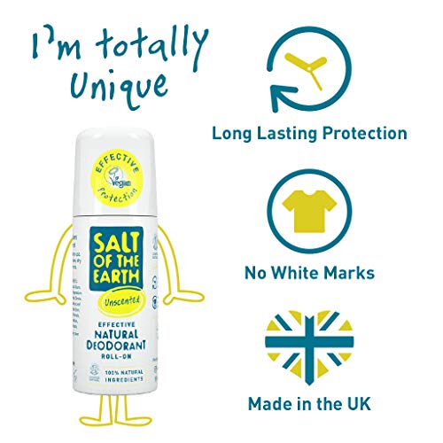 Salt of the Earth - Desodorante natural con roll-on, sin perfume, sin fragancia, vegano, protección de larga duración, aprobado por Leaping Bunny, 75 ml