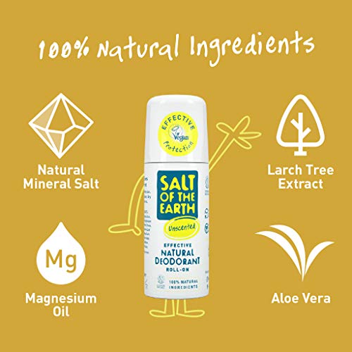 Salt of the Earth - Desodorante natural con roll-on, sin perfume, sin fragancia, vegano, protección de larga duración, aprobado por Leaping Bunny, 75 ml