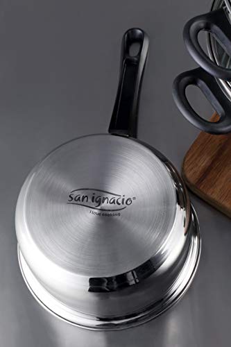 San Ignacio PK1624 Batería 5 Piezas (3 cuerpos, 2 Tapas) más Utensilios de Cocina: Espumadera, rasera, Cuchara y cazo-colección Toledo, Acero Inoxidable