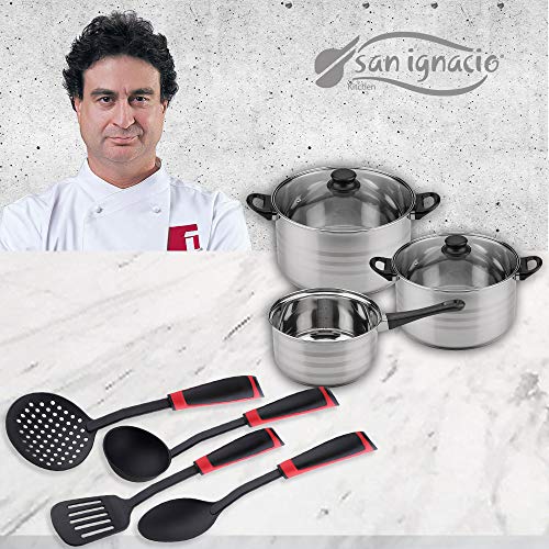 San Ignacio PK1624 Batería 5 Piezas (3 cuerpos, 2 Tapas) más Utensilios de Cocina: Espumadera, rasera, Cuchara y cazo-colección Toledo, Acero Inoxidable