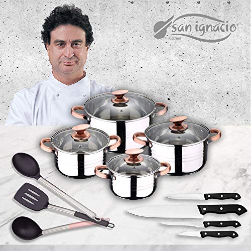 San Ignacio Premium Bateria 8 Piezas + 4 Cuchillos + 3 Utensilios, Acero Inoxidable, Cobre
