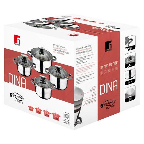 San Ignacio Premium Dina - Bateria de cocina de 4 piezas, acero inoxidable, 1.9L-2.7L-3.5L-5.1L, apta para todo tipo de cocinas incluido inducción, Gris