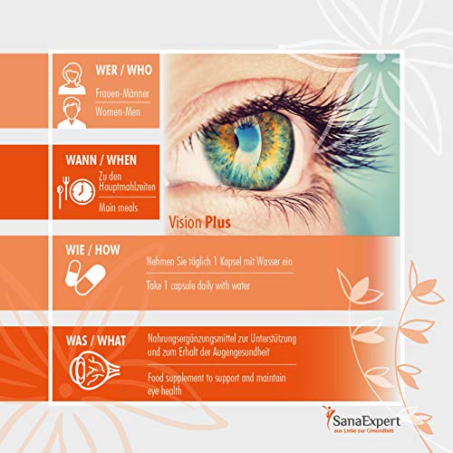 SanaExpert Vision Plus para el nervio óptico, la vista y la salud ocular, con extracto de Tagetes, luteína, zeaxantina, coenzima Q10, vitaminas A y E, 60 cápsulas