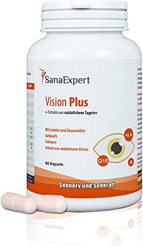 SanaExpert Vision Plus para el nervio óptico, la vista y la salud ocular, con extracto de Tagetes, luteína, zeaxantina, coenzima Q10, vitaminas A y E, 60 cápsulas