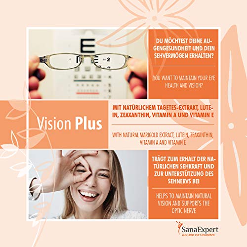 SanaExpert Vision Plus para el nervio óptico, la vista y la salud ocular, con extracto de Tagetes, luteína, zeaxantina, coenzima Q10, vitaminas A y E, 60 cápsulas