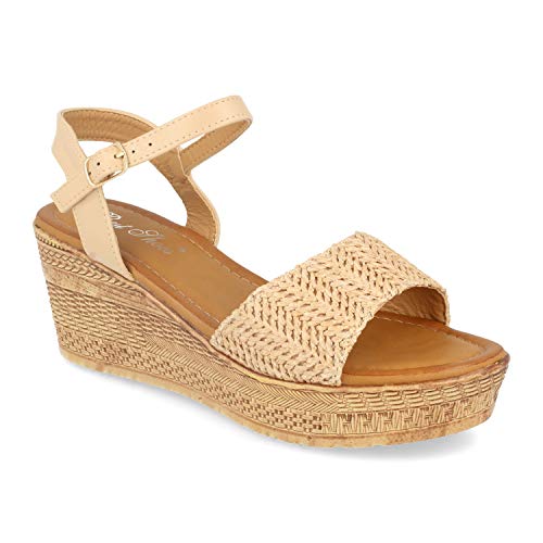 Sandalia de Mujer Estilo Boho con Cuna, Grabados Geometricos, Talon Abierto, Pala de Rafia y Cierre de Hebilla. Primavera Verano 2020. Talla 41 Beige