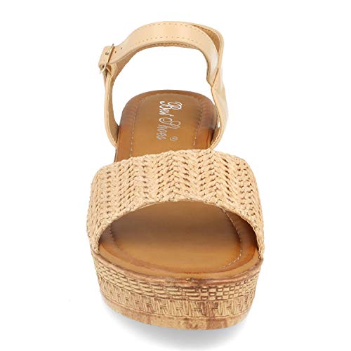 Sandalia de Mujer Estilo Boho con Cuna, Grabados Geometricos, Talon Abierto, Pala de Rafia y Cierre de Hebilla. Primavera Verano 2020. Talla 41 Beige