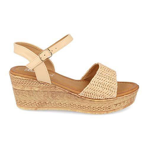 Sandalia de Mujer Estilo Boho con Cuna, Grabados Geometricos, Talon Abierto, Pala de Rafia y Cierre de Hebilla. Primavera Verano 2020. Talla 41 Beige
