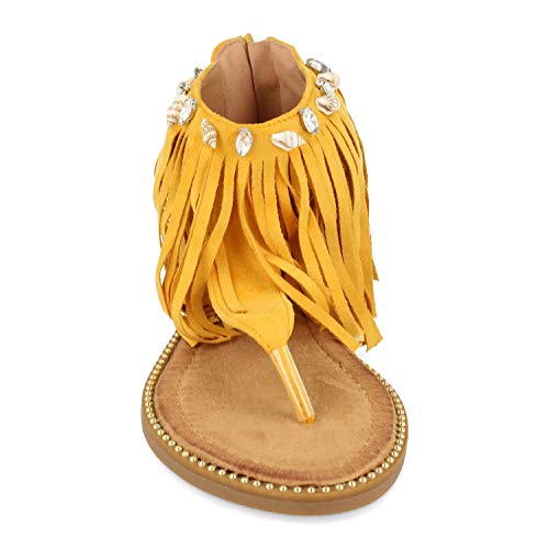 Sandalia Plana de Esclava con Talon Cubierto, Flecos, Adorno de Conchas Marinas, Tachuelas y Cremallera. Primavera Verano 2020. Talla 36 Amarillo