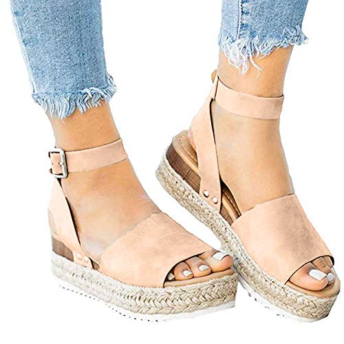 Sandalias Mujer Plataformas Alpargatas Cuña Verano Hebilla Zapatos Playa Punta Abierta Tacon 5.5cm Correa de Tobillo Negro Marrón Gris Leopardo EU35-EU43 Caqui EU38
