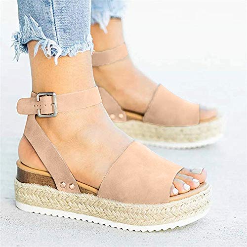Sandalias Mujer Plataformas Alpargatas Cuña Verano Hebilla Zapatos Playa Punta Abierta Tacon 5.5cm Correa de Tobillo Negro Marrón Gris Leopardo EU35-EU43 Caqui EU38