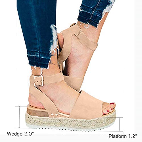 Sandalias Mujer Plataformas Alpargatas Cuña Verano Hebilla Zapatos Playa Punta Abierta Tacon 5.5cm Correa de Tobillo Negro Marrón Gris Leopardo EU35-EU43 Caqui EU38