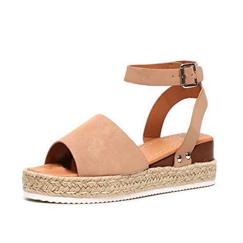 Sandalias Mujer Plataformas Alpargatas Cuña Verano Hebilla Zapatos Playa Punta Abierta Tacon 5.5cm Correa de Tobillo Negro Marrón Gris Leopardo EU35-EU43 Caqui EU38