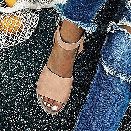 Sandalias Mujer Plataformas Alpargatas Cuña Verano Hebilla Zapatos Playa Punta Abierta Tacon 5.5cm Correa de Tobillo Negro Marrón Gris Leopardo EU35-EU43 Caqui EU38