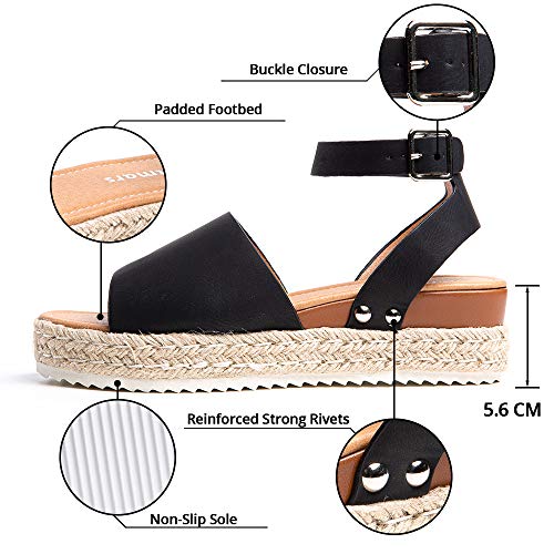 Sandalias Mujer Verano Plataforma Alpargatas Esparto Cuña Zapato Punta Abierta Hebilla Comodas Negro Talla 41 EU