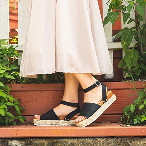 Sandalias Mujer Verano Plataforma Alpargatas Esparto Cuña Zapato Punta Abierta Hebilla Comodas Negro Talla 41 EU