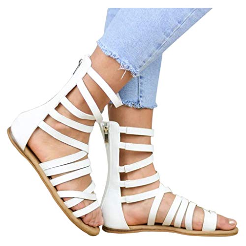 Sandalias Romanas Mujer Altas Planas Sandalias de tacón bajo de Estilo Retro para Mujer Zapatos Abiertos de Playa con Cremallera y Sandalias Romanas Sandalias Bohemia