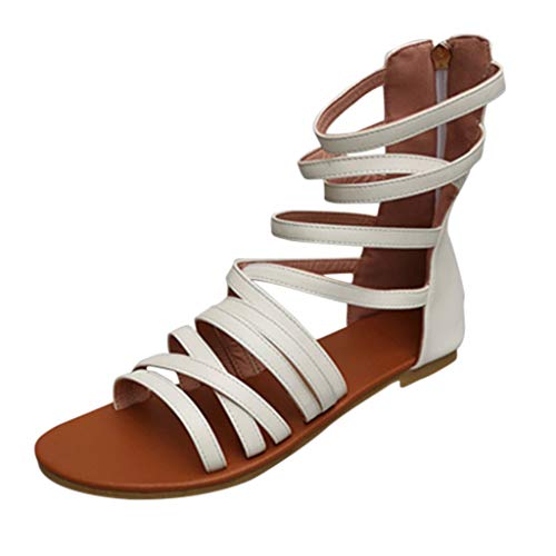 Sandalias Romanas Mujer Altas Planas Sandalias de tacón bajo de Estilo Retro para Mujer Zapatos Abiertos de Playa con Cremallera y Sandalias Romanas Sandalias Bohemia