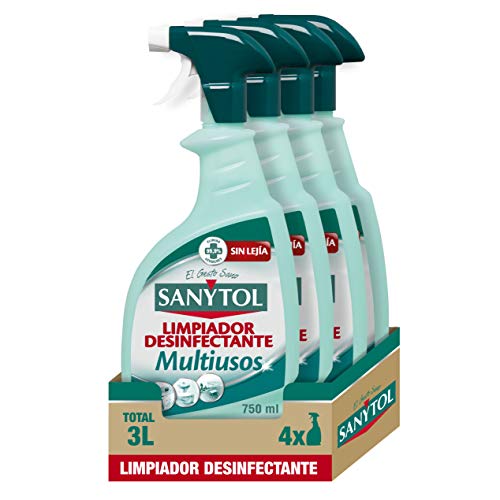 Sanytol - Limpiador Desinfectante Multiusos en Spray, Todas las Superficies, sin Lejía - Pack de 4 x 750 ml