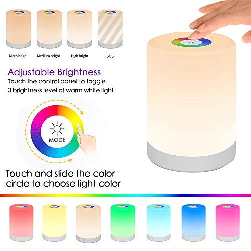 SaponinTree Luces Nocturnas Táctil LED, Lámpara Led de Mesa, RGB 7 Colores Cambiable y Luz Blanca Regulable, Inalámbrico luz Nocturna Niños de Color Regulable Luz de Noche con Control Táctil