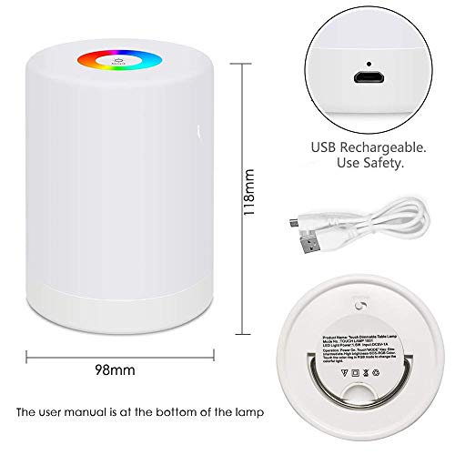 SaponinTree Luces Nocturnas Táctil LED, Lámpara Led de Mesa, RGB 7 Colores Cambiable y Luz Blanca Regulable, Inalámbrico luz Nocturna Niños de Color Regulable Luz de Noche con Control Táctil