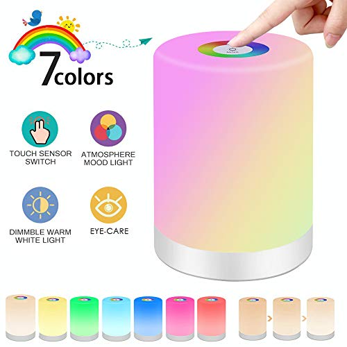 SaponinTree Luces Nocturnas Táctil LED, Lámpara Led de Mesa, RGB 7 Colores Cambiable y Luz Blanca Regulable, Inalámbrico luz Nocturna Niños de Color Regulable Luz de Noche con Control Táctil