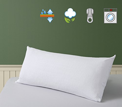 SAVEL - Funda de Almohada Impermeable con Cremallera | 40 x 150 cm | Protector de Almohada con Tejido de Rizo 100% Algodónn Transpirable Barrera PU Resistente al Agua y Antiácaros