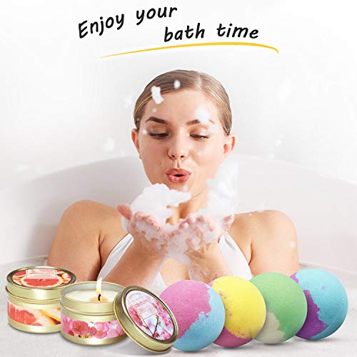 SCENTORINI Set de Regalo Bombs Perfumadas de Baño Bath Ball Natural Spa para el cuidado y la relajación (4 x 118 g Bath Bombs + 2 x 75 g Velas perfumadas de cera de soja)