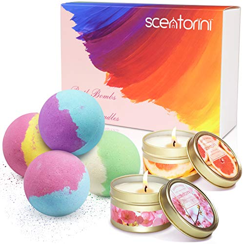 SCENTORINI Set de Regalo Bombs Perfumadas de Baño Bath Ball Natural Spa para el cuidado y la relajación (4 x 118 g Bath Bombs + 2 x 75 g Velas perfumadas de cera de soja)