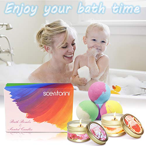 SCENTORINI Set de Regalo Bombs Perfumadas de Baño Bath Ball Natural Spa para el cuidado y la relajación (4 x 118 g Bath Bombs + 2 x 75 g Velas perfumadas de cera de soja)