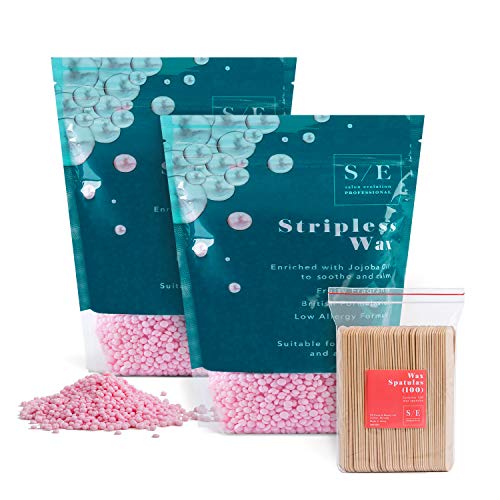 S/E Cera Depilatoria Caliente Frijoles de Cera Wax Profesional Para Hombre y Mujere para Leliminación Del Vello - Cara, Bikini, Piernas, Nariz (Jojoba & Fresa, 500gx2, 110 piezas espátula)