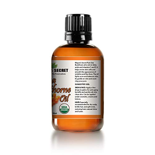 Sea Buckthorn Seed Oil by Mayan's Secret USDA Certified Organic, Vegan, Cruelty-Free, Cold Pressed for Hair, Skin & Nails - Benefits Acne, Eczema & Rosacea