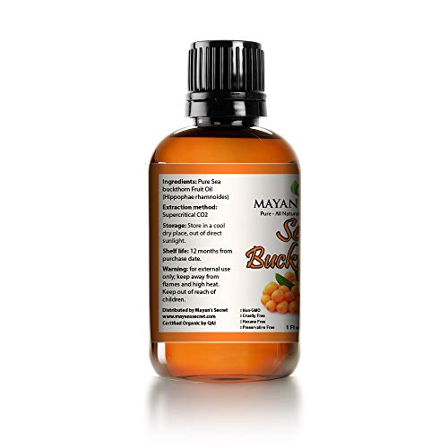 Sea Buckthorn Seed Oil by Mayan's Secret USDA Certified Organic, Vegan, Cruelty-Free, Cold Pressed for Hair, Skin & Nails - Benefits Acne, Eczema & Rosacea