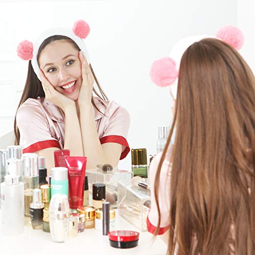 Sea Team -2Pcs Diadema elegante para mujer, elástica, con forro polar de coral, con pompones muy monos para hacer cosplay para maquillaje y lavado de cara