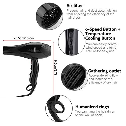 Secador de Pelo Profesional 3000W, Negative Ionico y Temperatura Constante, con 2 Boquillas (Negro)