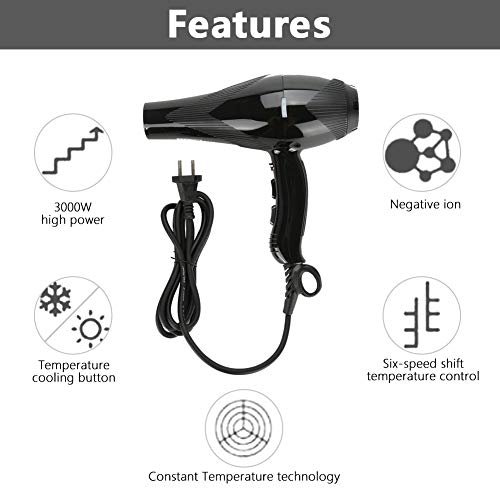 Secador de Pelo Profesional 3000W, Negative Ionico y Temperatura Constante, con 2 Boquillas (Negro)