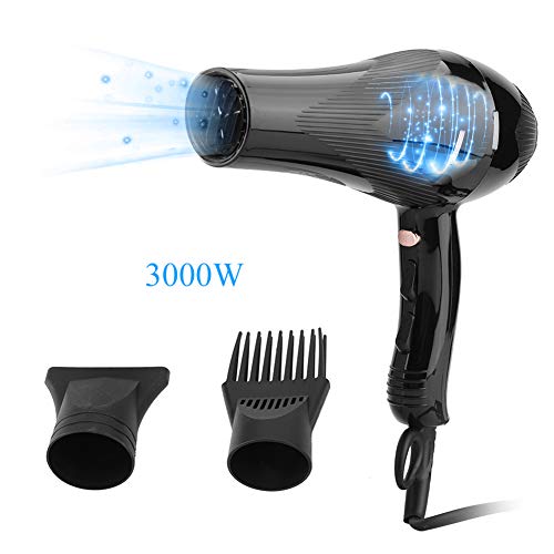 Secador de Pelo Profesional 3000W, Negative Ionico y Temperatura Constante, con 2 Boquillas (Negro)